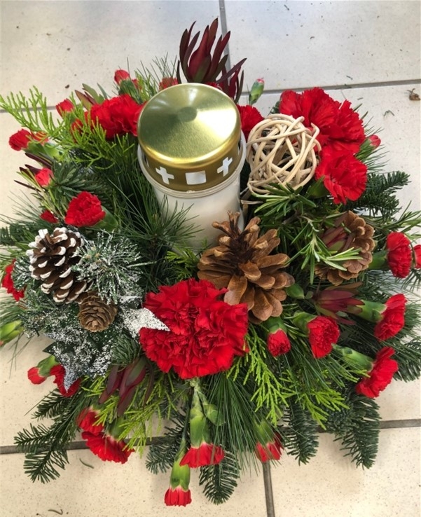 Christmas Grave arrangement with outdoor candle