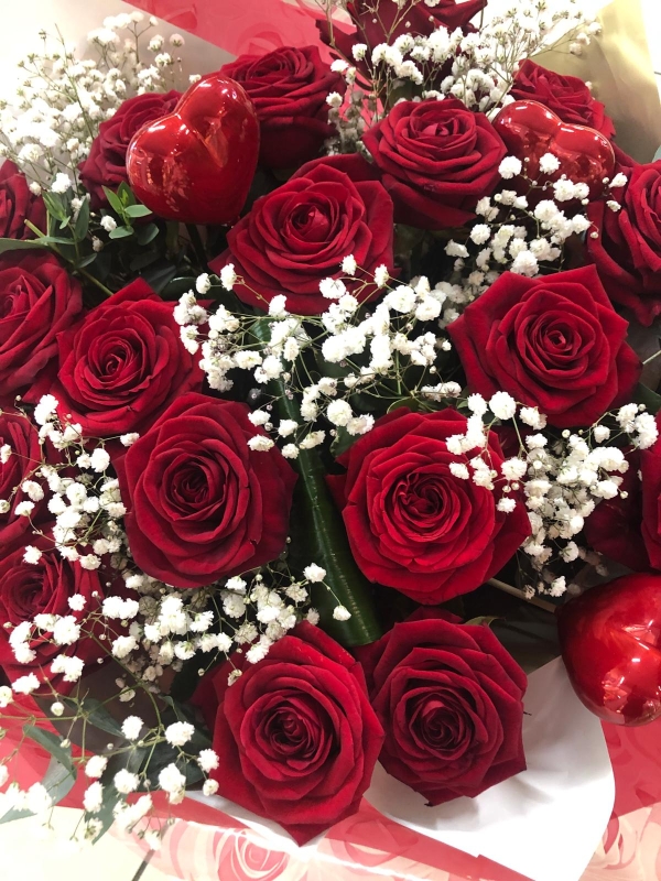 18 Red Rose Hand Tied bouquet with Gypsophila
