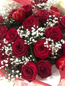 18 Red Rose Hand Tied bouquet with Gypsophila
